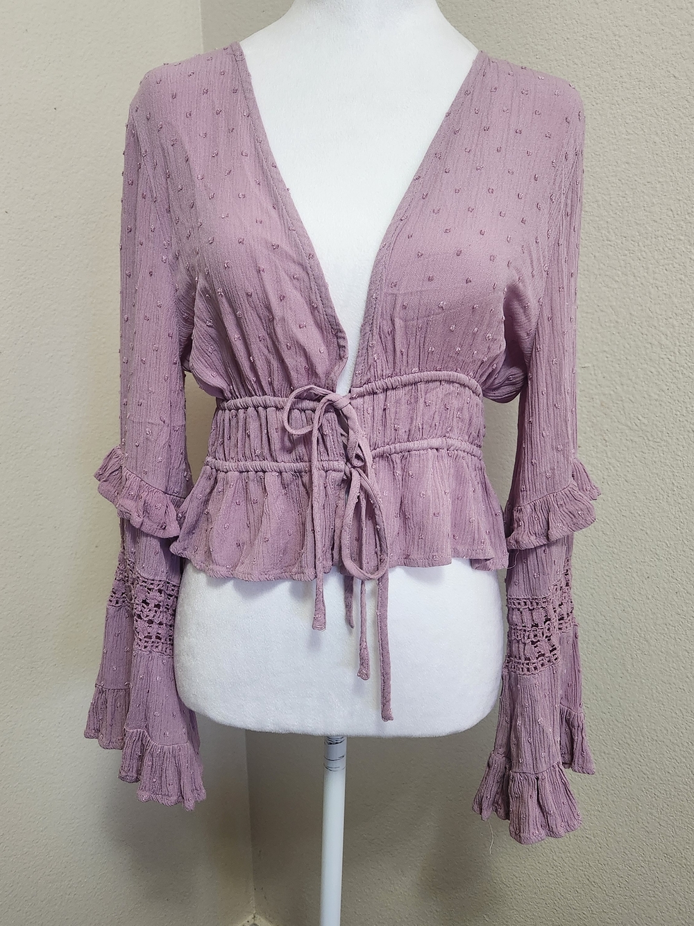 Y2K Love Tree Dusty Mauve Tie-Waist Peplum Blouse Small Boho Hippie Fairycore